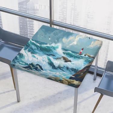 Imagem de hongjinglin Toalha de mesa quadrada para uso ao ar livre com borda elástica, toalha de mesa quadrada limpável, oceano, pintura de gaivota, para decoração de cozinha de 117 x 117 cm