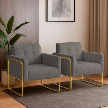 Imagem de Poltrona Sala Industrial Alta Tubo Dourado Kit 2 Elisa Linho Grafite D03 - D`rossi