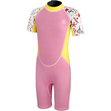 Imagem de Dark Lightning Fatos de mergulho curtos para crianças, meninos e meninas, maiô térmico de neoprene de 2 mm, roupa de banho infantil / juvenil, rosa / flor, P