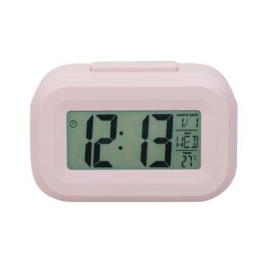 Imagem de Despertador digital multifuncional rosa elegante – 1 caixa de plástico tátil com acabamento emborrachado macio, temperatura luminosa, calendário e temporizador operado por bateria
