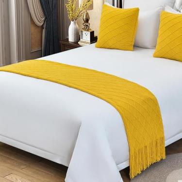 Imagem de JONKMY Colchas de cama de corredor de cama de malha de malha com borlas proteção de cama macia quarto hotel decoração acento king size cama cobertor de cama amarelo||60 x 230 cm para cama de 1,5/1,8 m