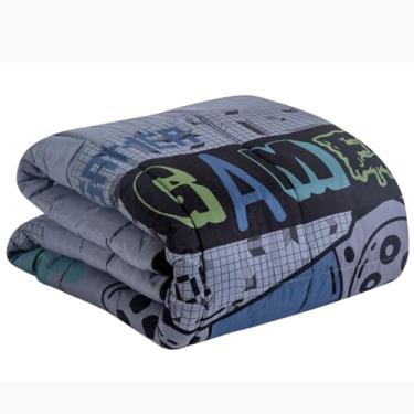 Imagem de Jogo de Cama Gamer 5 Peças com Edredom Porta Travesseiro Fronha e 2 Capas de Almofada Estampa Game Azul e Cinza Juvenil para Menino 240x180cm