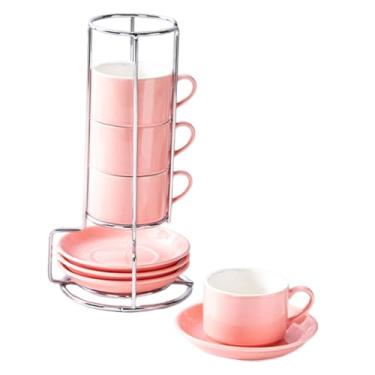 Imagem de KiBcsLic Conjunto de 4 xícaras de café de cerâmica com pires e suporte decorativo. Utensílio multifuncional, e inovador para presentear em, Rosa