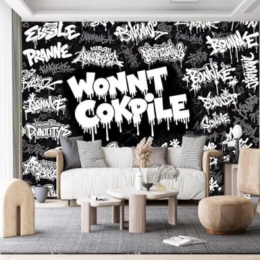 Imagem de Murais de parede de tamanho personalizado, grafite pingando texto branco fundo preto tecido de parede autoadesivo (sem PVC) papel de parede grande removível para sala de estar, quarto, escritório