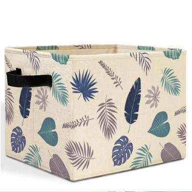 Imagem de HSIASHENG Caixa de armazenamento de folhas de plantas tropicais azuis com alças, boho aquarela palmeira botânica cesto de roupa suja organizador de brinquedos para quarto, banheiro, casa