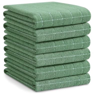 Imagem de Homaxy Toalhas de cozinha felpudas 100% algodão (verde grama, 51 x 71 cm), design xadrez, panos de prato macios e super absorventes, grande pacote com 6