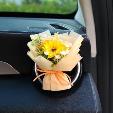 Imagem de Mini buquê de girassóis clipe de ventilação de carro, acessórios de carro de flores artificiais, difusor de perfume essencial reutilizável com limão e almofada em branco, decoração floral de sabão de