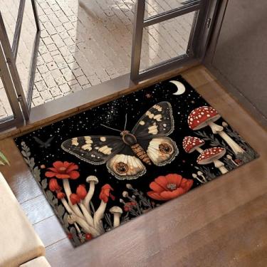 Imagem de CXULIN Tapete de porta da frente de mariposa mágica, antiderrapante, cogumelo vermelho, flores de papoula, entrada, tapete de porta discreto, capachos para casa, cozinha, quarto, varanda, corredores