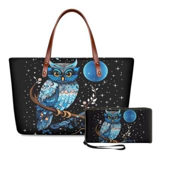 Imagem de Lotusorchid Conjunto de bolsa e carteira, bolsa grande e conjunto de carteira para mulheres, conjunto de bolsas leves, Coruja de desenho animado com lua azul e preta, Large
