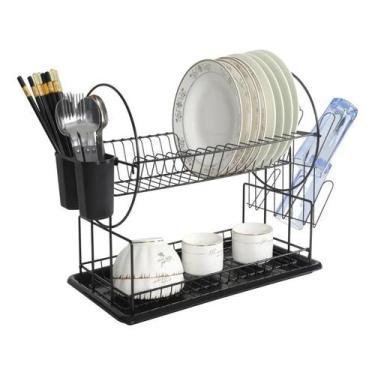 Imagem de Escorredor Louças Duplo Rack Dois Andares Pratos Talheres Inox Preto -