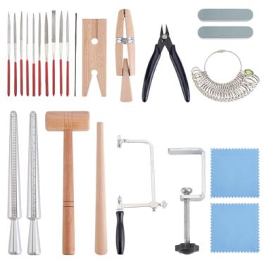 Imagem de BENECREAT Conjuntos de ferramentas para joalheiros, incluindo braçadeiras de casca de madeira, ajustador de tamanho de anel de cone de madeira com martelo, limas de diamante de ferro, tamanhos de anel