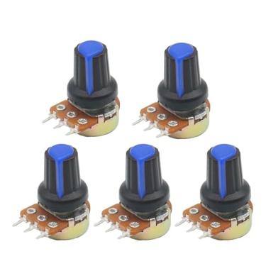 Imagem de KKFAUS 5 conjuntos WH148 3pin B1K ~ B1M ohm 1K 2K 5K 10K 20K 6Pin 15mm 10K 3 Terminal Linear Taper Rotary Potenciômetro para 3 203 503 104 (azul, 250K OHM)