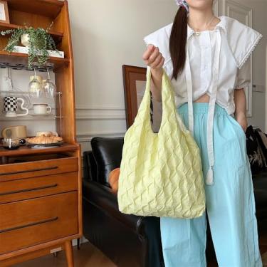 Imagem de Sacola xadrez com detalhes texturizados, bolsa de ombro espaçosa para uso diário, bolsa feminina, Amarelo