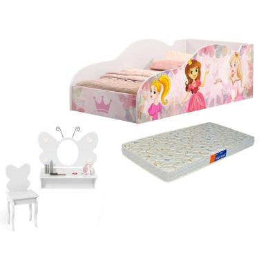 Imagem de Cama Infantil Meninas com Penteadeira Camarim Borboleta e Colchão Branco