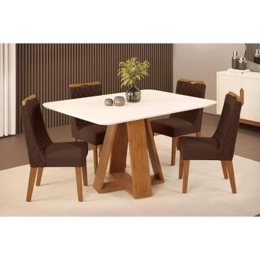 Imagem de Conjunto: Mesa de Cozinha Celeste c/ Tampo Madeirado c/ Vidro Curvo 120x90cm e 4 Cadeiras Bia Freijo/Off White - Suede Moca - DJ Móveis