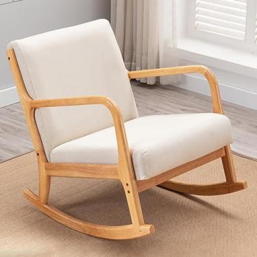 Imagem de Cadeira de balanço, cadeiras de balanço de madeira, cadeira de planador estofada com poltrona de encosto alto, cadeiras balancim modernas para sala de estar quarto escritórios (cor: branco, tamanho
