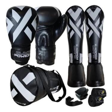 Imagem de Kit Muay Thai Luva Caneleira Bolsa Bandagem Bocal PowerX, Preto, Branc