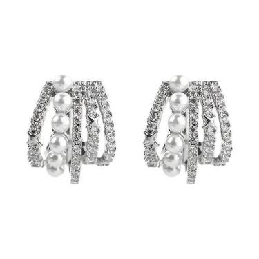 Imagem de Brincos De Metal Em Forma De C Com Pérolas E Zircônia Cúbica Para Mulh