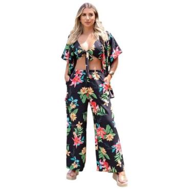 Imagem de Conjunto Feminino Kimono Calça Pantalona Top Saída De Praia - Universo