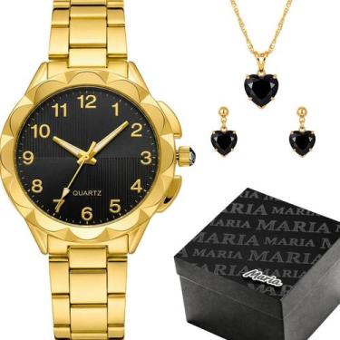 Imagem de Relogio Feminino Aço Preto + Brincos + Colar Strass + Caixa ouro socia