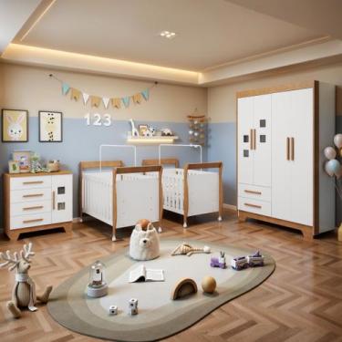 Imagem de Quarto de Bebê Completo Gêmeos com Guarda-Roupa, 2 Berços e Cômoda Gae
