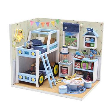 HUIOP Casa de boneca em miniatura DIY casa de boneca de madeira com mobília  e LED rosa claro Loft House Brinquedo infantil presentes criativos para