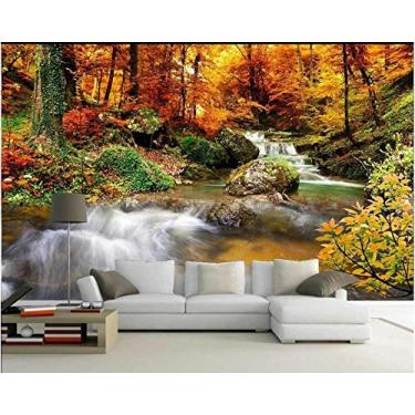 Imagem de Papel de parede com foto 3D de mural personalizado, floresta de outono dourado, água fluida, cachoeira, decoração, sala de estar, papel de parede para paredes, 200 cm (C) × 140 cm (A)