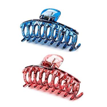 Imagem de Pacote com 2 presilhas de cabelo Liasun de 10,8 cm, cor de gelatina, processo de desenho, acrílico, prendedor de cabelo, prendedores de cabelo para mulheres e meninas, presilhas de cabelo para cabelos médios ou longos (safira + vermelho raposa)