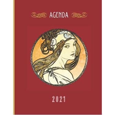 Imagem de agenda 2021 : art déco femme bohème: Agenda 2021 rouge – art déco - semainier – journal - planificateur hebdomadaire – idée cadeau – format 17x22 cm 109 pages