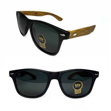 Imagem de Óculos de Sol Masculino Feminino Original Life Smiles Preto Retangular Haste Estilo Bambu