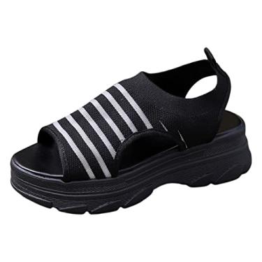Imagem de Sandálias esportivas de verão com superfície de malha de tecido voando com fundo grosso para uso externo vazado bico aberto portátil tamanho grande sandálias esportivas (preto, 7)