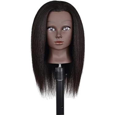 Imagem de Boneca De Prática De Estilo De Cabelo Cabeça De Manequim De Treinamento Afro Com Grampo, Cabelo Humano Real, Grosso, Pode Fazer Permanente, Descolorir, Cortar E Soprar -,14in Pele Negra,YUYANAIAI