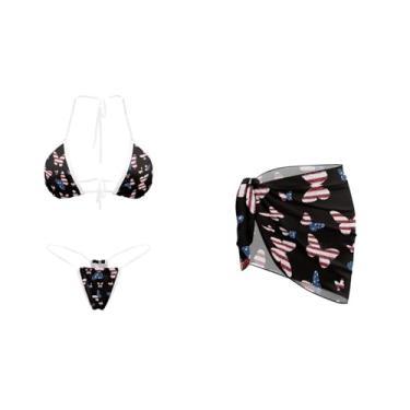 Imagem de Yewattles Conjunto de biquíni triangular, 3 peças, com saída de sarongue para mulheres, biquíni com cordão de amarrar no pescoço, Borboleta com bandeira americana, M
