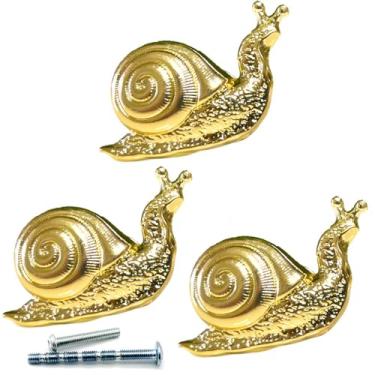 Imagem de YOUYOUULU Puxador de gaveta de caracol dourado de 3 peças - puxadores de cômoda vintage de caracol, puxadores de armário de animais, alças fofas para crianças, puxadores de decoração de móveis de