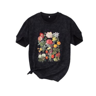 Imagem de MODNTOGA Camiseta feminina estampa floral retrô flores silvestres camiseta grande gola redonda manga curta vintage flor camisa, Preto, P