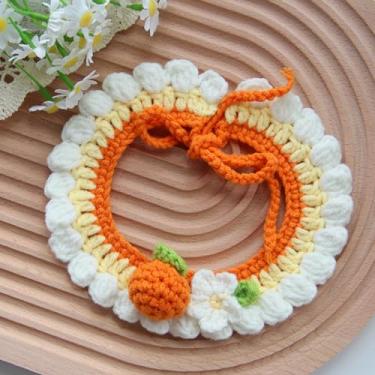Imagem de Cachecol de crochê feito à mão para gatos e cães, gola de pele, babador decorativo (laranja, grande)