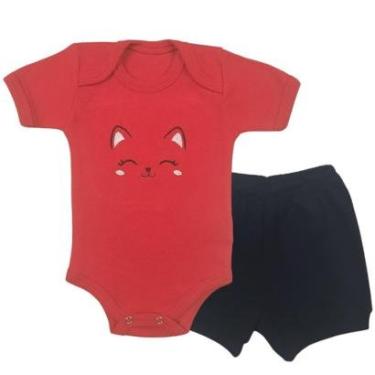 Imagem de Conjunto Body Manga Curta Bordado Gatinha e Short Tapa Fralda - Roupa Bebê Menina-Feminino