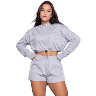 Imagem de Conjunto Cropped Manga Longa Gringa e Short Moletinho Vekyo Roupa Blogueira Moda Casual-Feminino