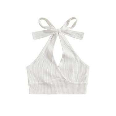 Imagem de RoseSeek Blusa feminina de malha canelada frente única, costas nuas, sem mangas, caimento justo, Branco, G