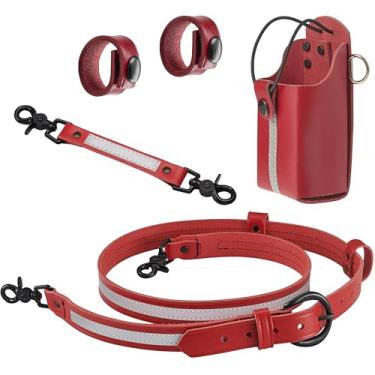 Imagem de Carteira Shield de couro vermelho refletivo de bombeiro com alça antioscilação para alça de rádio, correia/cinto de rádio, suporte de rádio de bombeiro com rebites pretos