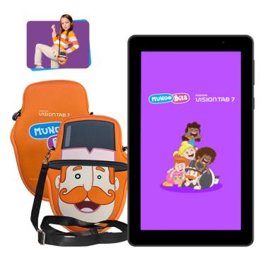 Imagem de Tablet Positivo Vision TAB 7 Mundo Bita + Capa e Bolsa - Octa-Core 3GB RAM 64GB Android 14 Go Wi-Fi Tela 7” IPS – Preto