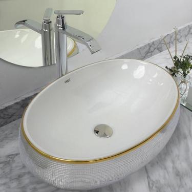 Imagem de Kit Cuba Pia Louça Cerâmica Banheiro C/Torn E Vál Cromada100 - Smart N