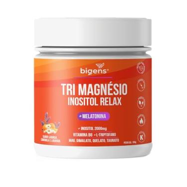 Imagem de Tri Magnésio (dimalato, quelato, taurato) Inositol Relax, Melatonina, Triptofano, B6, Sabor Laranja Camomila e Lavanda, Bigens,180g (Unidade)
