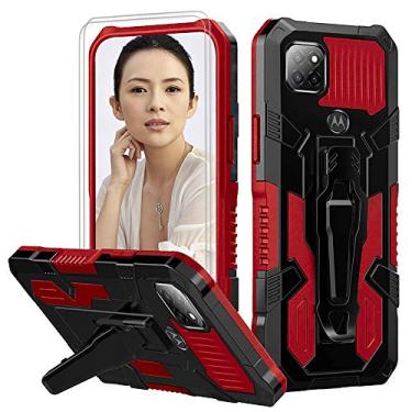 Imagem de Capa para Motorola One 5G Ace com protetor de tela de vidro temperado [2 unidades] Capa híbrida de plástico rígido de grau militar resistente antiqueda com clipe de cinto para Moto One 5G Ace – Vermelho