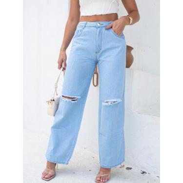 Imagem de Calça wide leg feminina com rasgos no joelho pantalona - patricia ribe