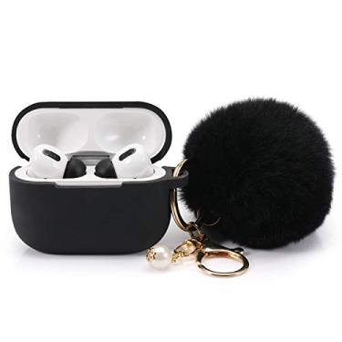 Imagem de Capa protetora para Airpods Pro Capa de carregamento com pontas de orelha, 1 par de kit, capa de silicone Air Pods com kit de chaveiro de pompom de pele macia e fofa com pontas de fones de ouvido 2 e 1, Preto, X