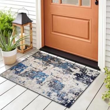 Imagem de Bribay Tapete de área, lavável e antiderrapante, 6 x 7 cm, azul, preto, colorido, abstrato, listrado, pequeno, interior, tapete de entrada, tapete para quarto, cozinha, banheiro, lavanderia, sala de