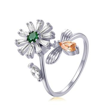 Imagem de Lindo anel giratório floral de margarida, abelha, zircônia cúbica, ansiedade, noivado, casamento, TDAH, alívio de estresse, brinquedos ajustáveis (prata)