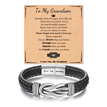 Imagem de Tarsus Pulseira para filho/neto/sobrinho, presentes para meninos adolescentes, pulseira inspiradora de nó de couro, confirmação de formatura, aniversário, volta às aulas, presentes de Natal, Couro, Sem pedras preciosas