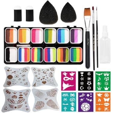 Imagem de WIKNOW Kits de pintura facial para crianças, adultos, festa, arco-íris, paleta de bolo dividido, pintura corporal ativada por água, maquiagem profissional com pincéis, esponjas, estênceis, não tóxic